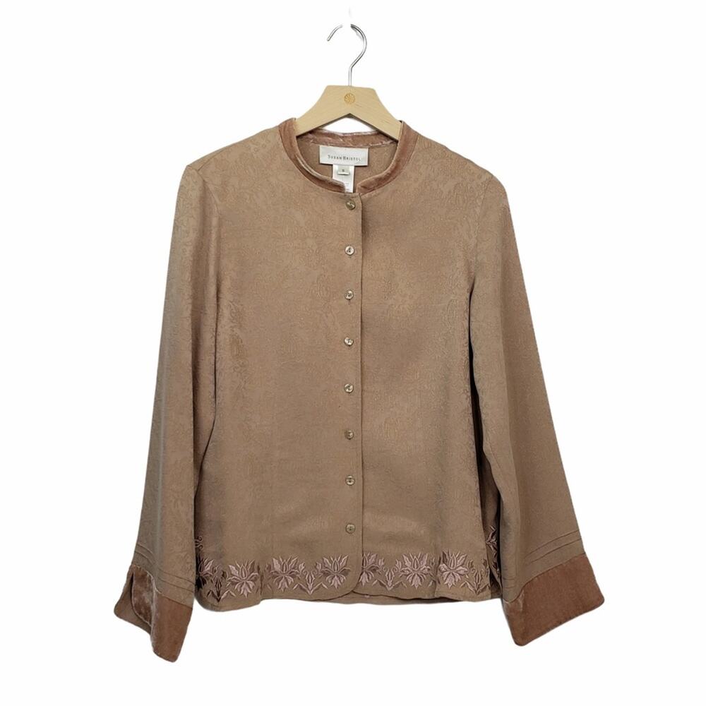 Susan Bristol Velvet Trim Button Front Blouse NEW
